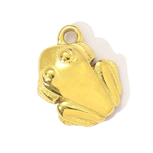 Detailed view of a golden stainless steel frog pendant with a polished metallic finish