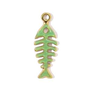 Gold-plated fish bone charm pendant with mint green enamel for DIY jewelry making