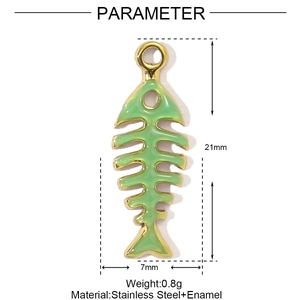 Macro detail of fish bone pendant in green enamel and gold plated stainless steel