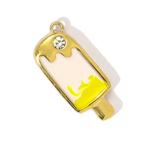 Detail of ice cream charm with yellow enamel finish and a sparkling rhinestone