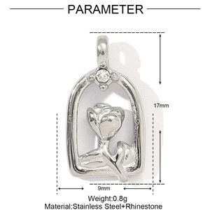 Detailed specs of stainless steel rose pendant with rhinestone inlay and measurements