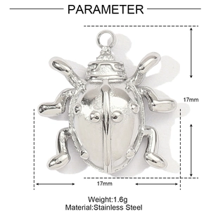 Polished stainless steel beetle pendant detail with 17mm x 17mm size specifications