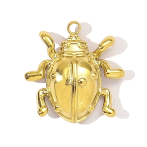 Detailed view of a golden beetle charm pendant with polished finish and hanging loop