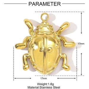 Macro detail of gold beetle pendant in stainless steel with 17mm size specifications