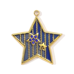 Detail of star-shaped steel pendant with blue enamel stripes and crystal stones