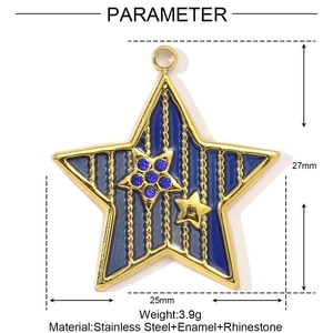 Macro detail of star shaped stainless steel pendant with blue enamel and crystal