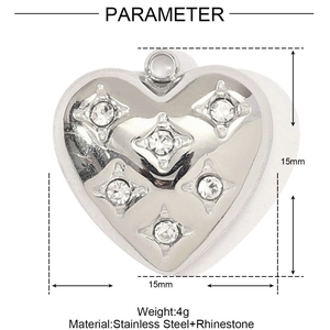 Detail view of heart-shaped stainless steel pendant with 15mm dimensions and rhinestones