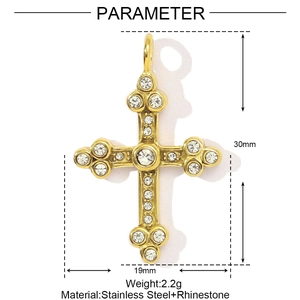 Detailed dimensions of the gold rhinestone cross pendant in stainless steel