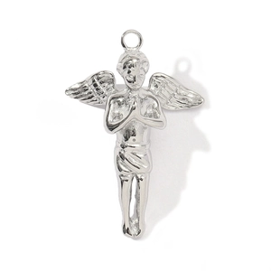 Detailed view of a silver-toned stainless steel cherub pendant with praying angel wings