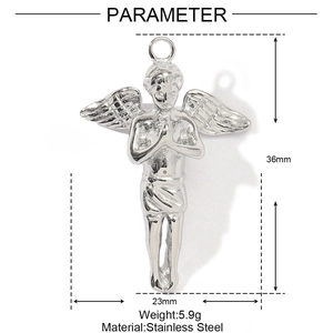 Detailed view of silver stainless steel angel pendant showing 36mm height dimensions