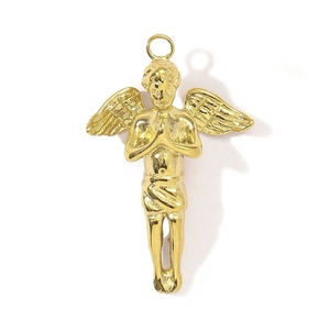 Detailed close-up of a golden angel pendant with intricate wings and prayer pose