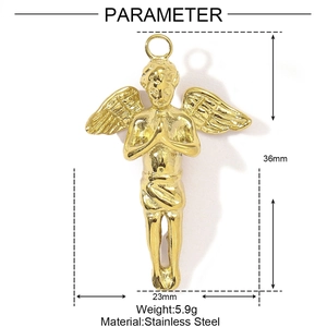 Polished stainless steel angel pendant in gold finish with dimensional relief carving