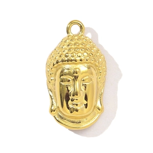 Detailed close-up of a golden Buddha head pendant made of polished stainless steel