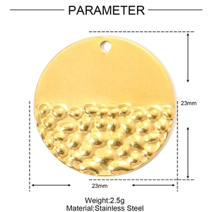 23mm round stainless steel pendant with a dual-texture smooth and hammered gold finish