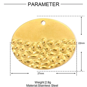 Detailed view of oval stainless steel pendant with textured wave pattern and dimensions