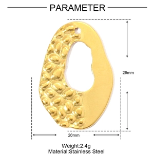 Detail of gold asymmetric hammered stainless steel oval pendant with size dimensions