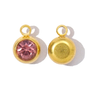 Détails recto-verso d'un pendentif en acier inoxydable doré avec une pierre de naissance rose
