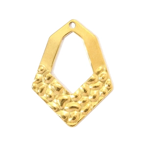 Detail of gold geometric hollow pendant with dual smooth and hammered metal textures