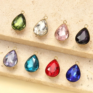 Set of 8 teardrop crystal glass pendants in vibrant colors with gold plated steel frames