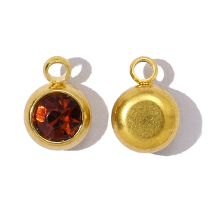 Vue détaillée avant et arrière d'un pendentif en acier doré avec cristal de naissance