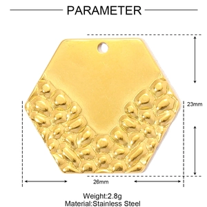 Detailed view of golden hexagonal stainless steel pendant with hammered texture and dimensions
