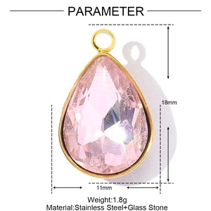 Macro view showing dimensions and details of the pink teardrop crystal pendant