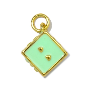 Close-up of a gold square pendant featuring mint green enamel and double heart details