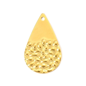 Golden drop-shaped stainless steel pendant with hammered texture and smooth mirror finish