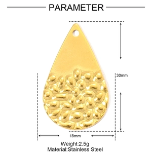 Detailed parameter view of a teardrop-shaped gold stainless steel pendant with hammered texture