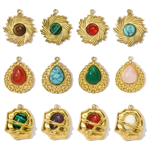 French Vintage Natural Stone Stainless Steel Pendant For DIY Jewelry Making Malachite Agate Teardrop Sunburst Charms