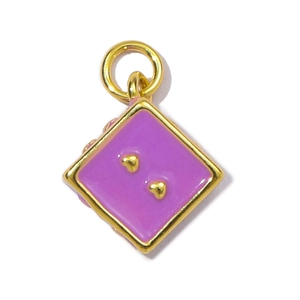 Detail of square purple enamel pendant with tiny gold hearts and metallic frame