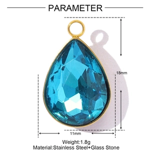 Detailed view of teardrop light blue glass pendant with stainless steel frame and dimensions