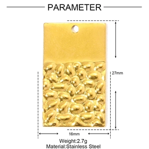 Detailed size map of gold rectangle stainless steel pendant with hammered texture