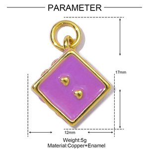 Detail view of purple enamel square heart pendant in copper with 17mm x 12mm dimensions