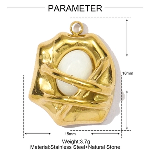 Detailed dimension view of gold stainless steel pendant with oval white natural stone