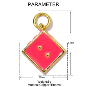 Macro view of pink enamel dice pendant with size parameters 17mm x 12mm and 5g weight