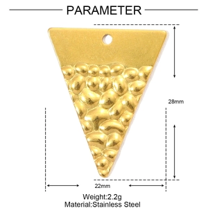 Detailed view of gold geometric stainless steel pendant with hammered texture and dimensions