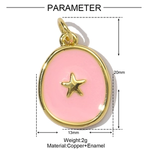 Detailed view of pink enamel oval pendant with gold star and 20x13mm size specs