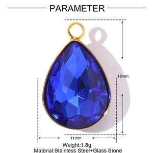Detailed view of 18x11mm blue teardrop glass pendant with gold stainless steel frame