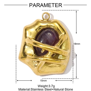 Macro detail of gold stainless steel geometric pendant with malachite stone dimensions