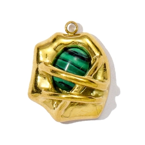 Macro shot of malachite stone pendant with golden lava texture stainless steel setting
