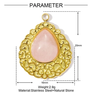 Detail view of a vintage drop-shaped stainless steel pendant with pink stone and dimensions