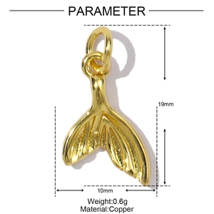 Detailed dimension view of gold mermaid tail pendant 19mm by 10mm in polished copper