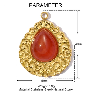 Macro detail of red carnelian water drop pendant in gold stainless steel frame