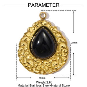 Detailed view of teardrop stone pendant showing dimensions 20mm by 16mm in stainless steel