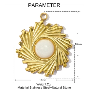Detailed size view of a gold sunburst stainless steel pendant with white natural stone