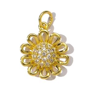 Golden flower pendant with zircon inlay and openwork petals for DIY jewelry making