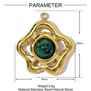 Details van bloemenhanger met groene steen, 20mm hoogte, gemaakt van roestvrij staal metaal