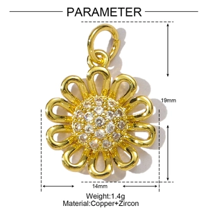 Detailed parameter view of gold copper sunflower pendant with white zircon pavé setting