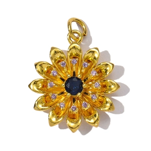 Detailed view of sunflower jewelry pendant with blue center stone and purple accents